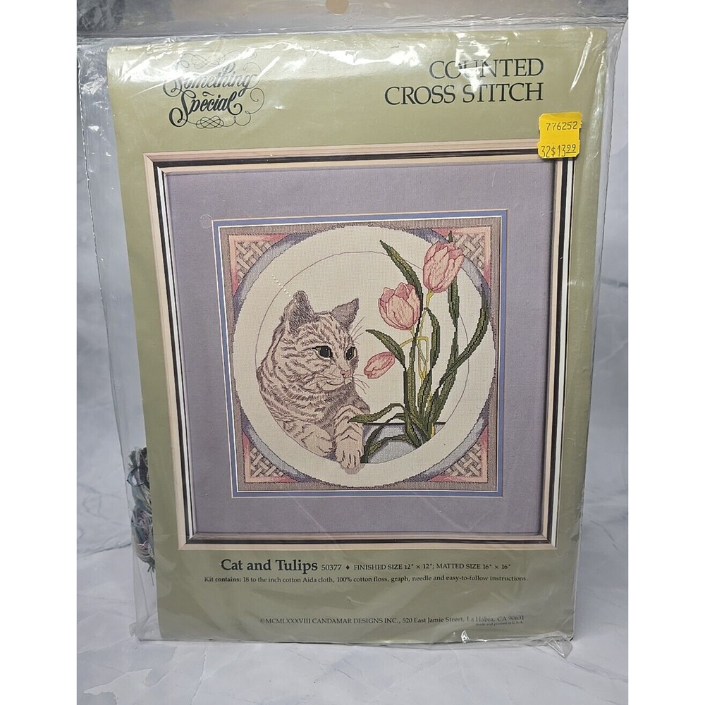 Vintage Candamar Something Special Counted Cross Stitch Kit Cat and Tulips